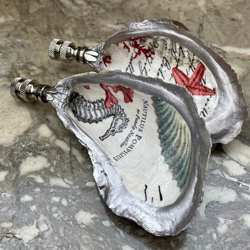 Seafarer's Oyster Sea Shell Lamp Finials in Silver - shops Natural Decoupaged Oyster Shell Specimens on Shiny Chrome Nickel Bases - A Pair