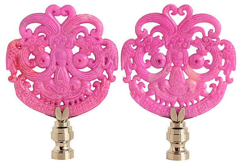 Smiling Dragon Asian Lamp Finials Hot Pink Carved Stone on Shiny Chrome Bases A Matching Pair