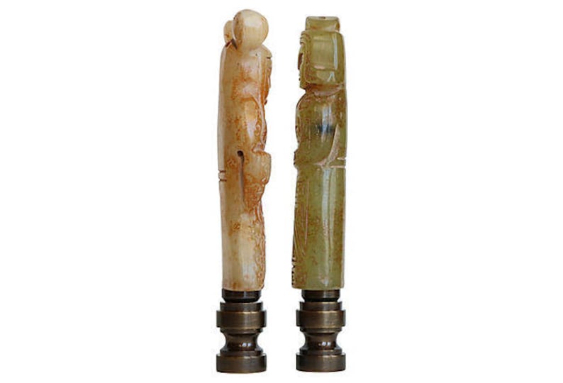 Chinese Couple Carved Stone Lamp Finials Tan and Jade Green on Bronze Tone Bases A Matching Pair