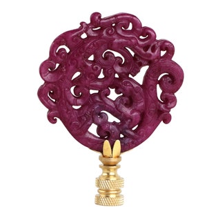 Chinoiserie Scrolled Stone Lamp Finials - Raspberry Pink & Gold on Brass Hardware - A Matching Pair or Single Lamp Finial