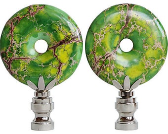 Chartreuse Green Sea Sedment Jasper Stone Lamp Finials on Shiny Chrome Bases - A Matching Pair