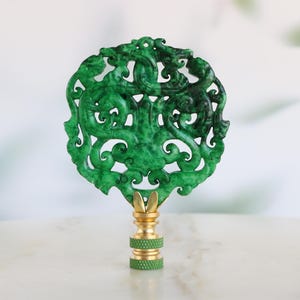 Chinese Carved Stone Lamp Finial in Bright Green Ombre on Brass Hardware