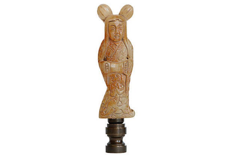 Chinese Couple Carved Stone Lamp Finials Tan and Jade Green on Bronze Tone Bases A Matching Pair