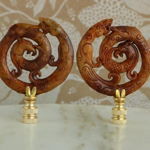 Dragon Ouroboros Carved Stone Lamp Finials in Brown on Brass Hardware - A Matching Pair