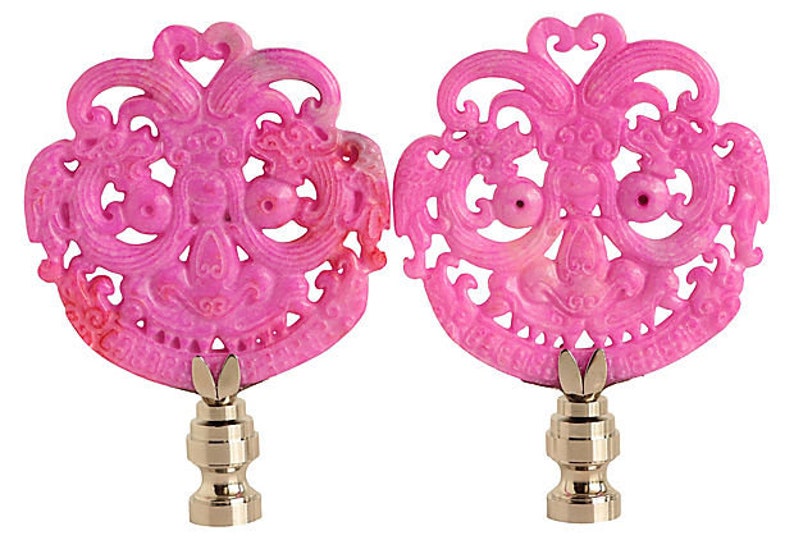 Smiling Dragon Asian Lamp Finials Hot Pink Carved Stone on Shiny Chrome Bases A Matching Pair