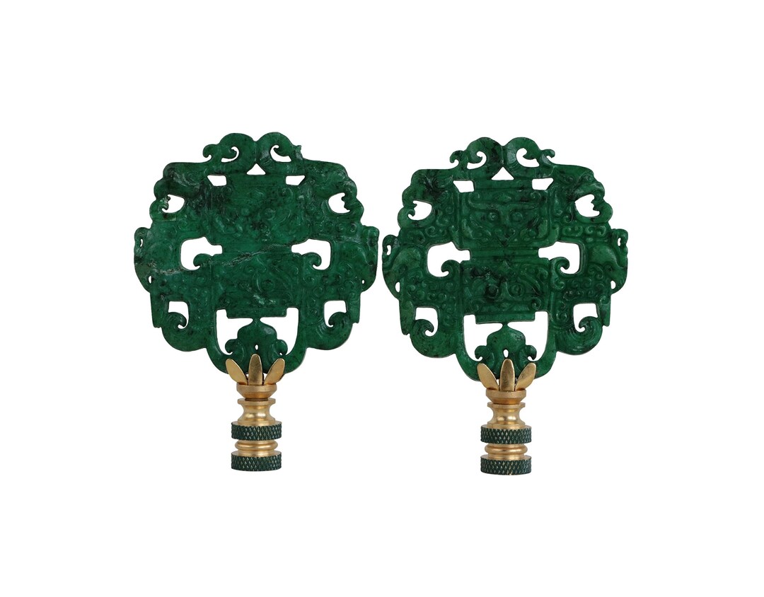 Chinese Archaic Style Carved Stone Lamp Finials Deep Jade Green Asian
