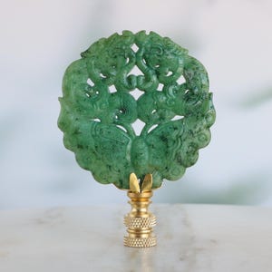 Chinese Butterfly Lamp Finial on Brass Hardware in Speckled Green