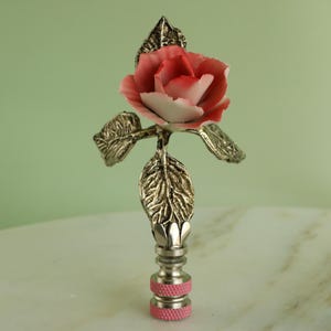 Pink Rose Lamp Finial on Polished Nickel Hardware - Pink Capodimonte Porcelain Flower Decorative Lamp Topper