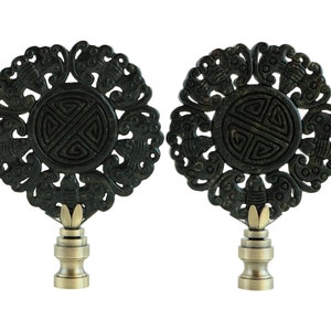 Five Great Blessings Chinese Carved Stone Lamp Finials in Black on Antiqued Brass - A Matching Pair