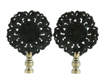 Five Great Blessings Chinese Carved Stone Lamp Finials in Black on Antiqued Brass - A Matching Pair