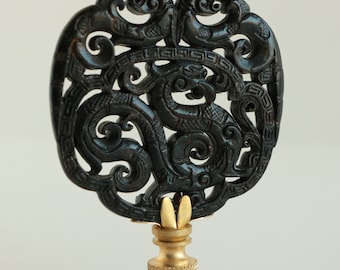 Chinese Key Fret Carved Stone Lamp Finials in Black & Gold on Brass Hardware - A Matching Pair or Single Finial