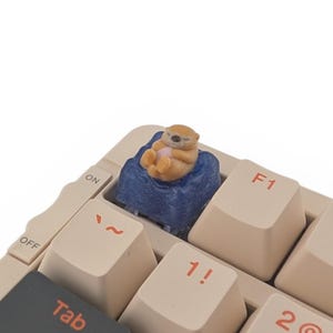 May include: A beige mechanical keyboard with a custom keycap featuring a small, tan-colored animal figurine seated on a blue cushion. The keyboard has black and beige keys with red and black lettering.