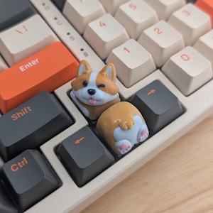 May include: A mechanical keyboard with cream-coloured keycaps and orange accent keys. A custom corgi-themed keycap is featured, with the dog's face and rear end visible. The keyboard has a variety of function keys.