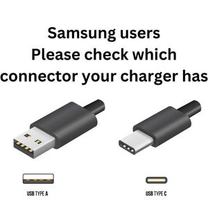 Pu&ograve; includere: Diagramma che mostra la differenza tra i connettori USB di tipo A e USB di tipo C. Il testo recita "Utenti Samsung, si prega di controllare quale connettore ha il caricabatterie."