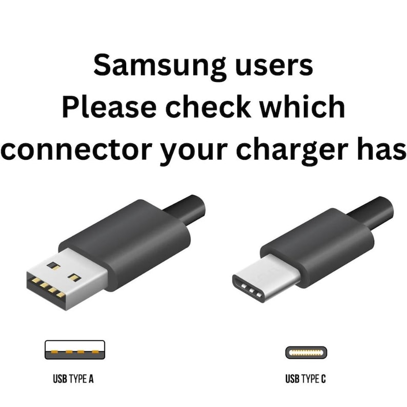 Pu&ograve; includere: Diagramma che mostra la differenza tra i connettori USB di tipo A e USB di tipo C. Il testo recita "Utenti Samsung, si prega di controllare quale connettore ha il caricabatterie."