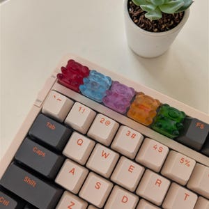 May include: A mechanical keyboard with colorful gummy bear keycaps. The keycaps are red, blue, purple, orange, and green. The keyboard has white and gray keys, with a small succulent plant in a white pot in the background.