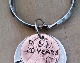 Personalized Anniversary Penny Key Chain,Customized Anniversary Penny,Hand Stamped,Anniversary Present,Penny With Heart,Split Ring Key