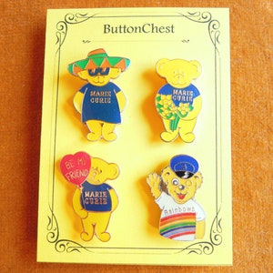 Set of 4 Vintage Retro Marie Curie Bears Collectible Mini Pins