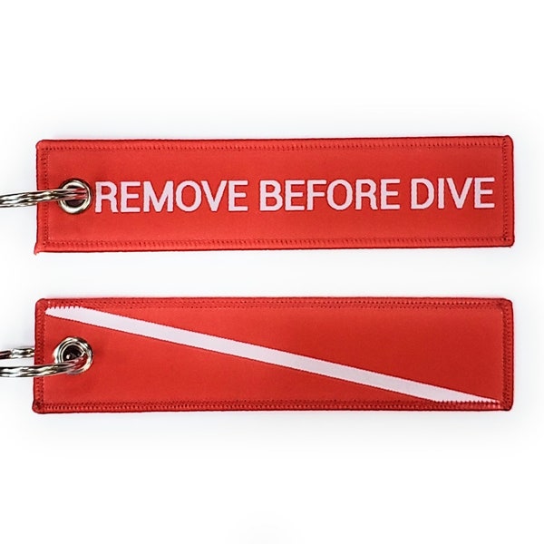 Scuba Diver Woven Keychain – REMOVE BEFORE DIVE – 2 sizes available - Red/White Scuba Diving gift