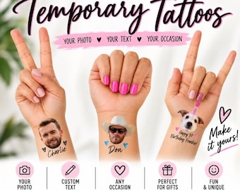 Custom Temporary Tattoos - Party Favors - Bachelorette Tattoo - Personalized Party Favor - Groom's Face Tattoo - Bride Tattoo - Pet Tattoo