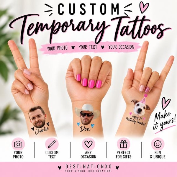 Custom Temporary Tattoos - Party Favors - Bachelorette Tattoo - Personalized Party Favor - Groom's Face Tattoo - Bride Tattoo - Pet Tattoo