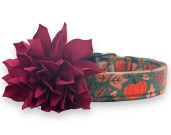 Fall Dog Collar, Pumpkin Dog Collar with Collar Flower, Dog Collar with Fall Leaves, Thanksgiving Dog Collar, Autumn Dog Collar, Dog Collar