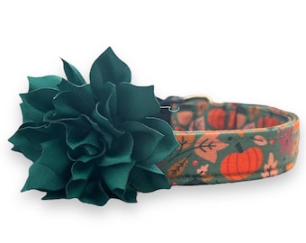 Fall Dog Collar, Pumpkin Dog Collar with Collar Flower, Dog Collar with Fall Leaves, Thanksgiving Dog Collar, Autumn Dog Collar, Dog Collar