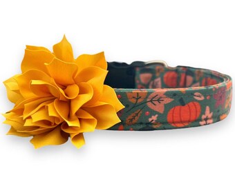Fall Dog Collar, Pumpkin Dog Collar with Collar Flower, Dog Collar with Fall Leaves, Thanksgiving Dog Collar, Autumn Dog Collar, Dog Collar