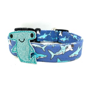 Dog Collar, Shark Dog Collar, Navy Blue Shark Collar with Shark Embellishment, Hammerhead Shark Dog Collar, Summer Dog Collar, Shark Collar