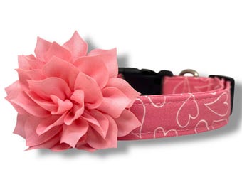 Valentine's Day Dog Collar, Heart Outline Dog Collar with Flower, Dog Collar for Valentine's Day, Heart Dog Collar, Pink Dog Collar