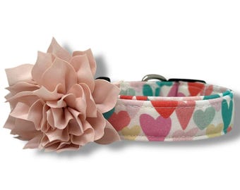Valentine's Day Dog Collar, Colorful Heart Dog Collar with Flower, Dog Collar for Valentine's Day, Heart Dog Collar, Heart Dog Collar