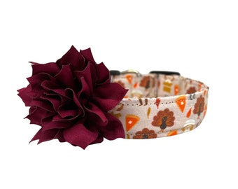 Thanksgiving Dog Collar, Fall Dog Collar with Flower, Turkey Dog Collar, Pilgrim Dog Collar, Dog Collar for Fall, Pumpkin Pie Dog Collar