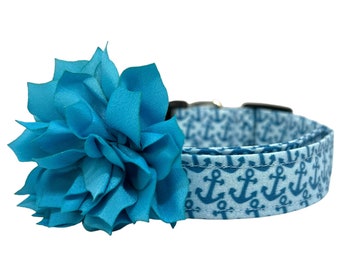 Anchor Dog Collar, Summer Dog Collar with Turquoise Flower, Beach Dog Collar, Lake Dog Collar, Everyday Dog Collar, Nautical Dog Collar