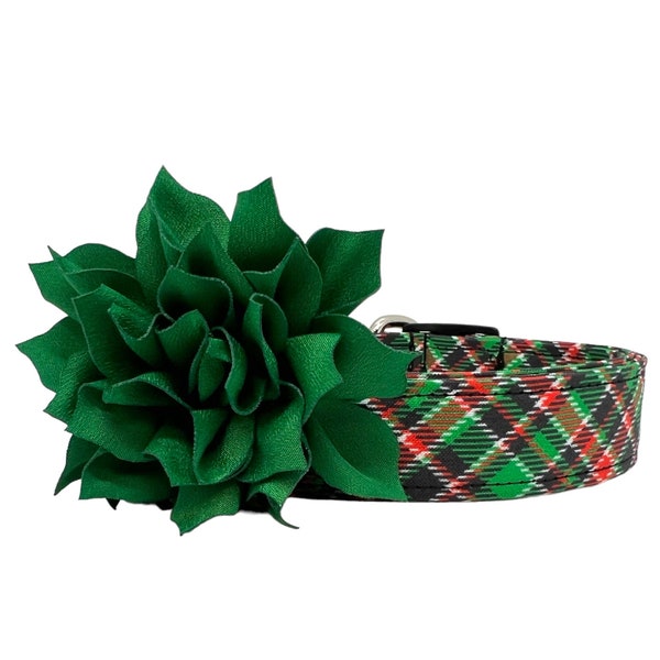 Christmas Tartan Plaid with Emerald Green Dog Collar Flower