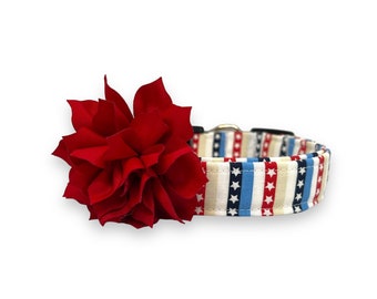 Patriotic Dog Collar, 4th of July Dog Collar, Stars and Stripes Patriotic Dog Collar with Flower, Stars & Stripes Dog Collar, America