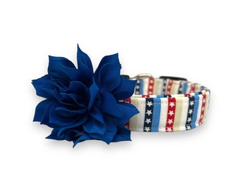 Patriotic Dog Collar, 4th of July Dog Collar, Stars and Stripes Patriotic Dog Collar with Flower, Stars & Stripes Dog Collar, America