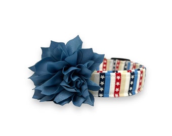 Patriotic Dog Collar, 4th of July Dog Collar, Stars and Stripes Patriotic Dog Collar with Flower, Stars & Stripes Dog Collar, America