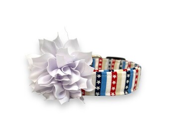 Patriotic Dog Collar, 4th of July Dog Collar, Stars and Stripes Patriotic Dog Collar with Flower, Stars & Stripes Dog Collar, America