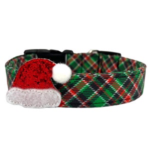 Christmas Tartan Plaid Dog Collar with Santa Hat Dog Collar Embellishment
