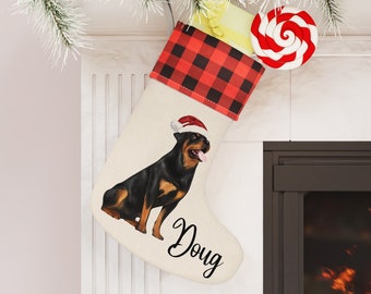 Rottweiler Christmas Stocking, Personalized Rottweiler Buffalo Plaid Christmas Dog Stocking, Rottweiler Stocking, Rottweiler Dog Stocking