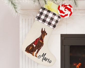 Doberman Christmas Stocking, Personalized Doberman Buffalo Plaid Christmas Stocking, Doberman Stocking, Christmas Doberman, Doberman Dog