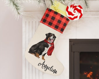 Bernese Mountain Dog Christmas Stocking, Bernese Mountain Dog Buffalo Plaid Christmas Stocking, Personalized Bernese Mountain Dog Stocking