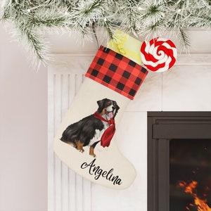 Bernese Mountain Dog Christmas Stocking, Bernese Mountain Dog Buffalo Plaid Christmas Stocking, Personalized Bernese Mountain Dog Stocking
