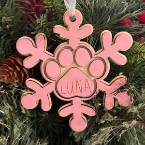 Snowflake Paw Print Christmas Ornament, Personalized Paw Ornament, Christmas Ornament for Dog, Wooden Paw Ornament, Pet Ornament, Cat Paw