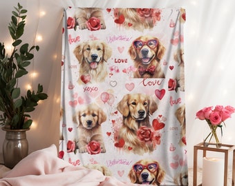 Golden Retriever Blanket, Valentine's Day Blanket, Golden Retriever Gift, Dog Blanket, Dog Blanket for Valentine's Day, Velveteen Blanket