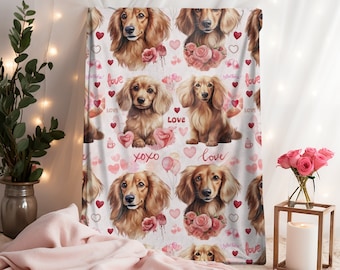 Dachshund Blanket, Valentine's Day Blanket, Long Haired Cream Dachshund, Dog Blanket, Dog Blanket for Valentine's Day, Velveteen Blanket