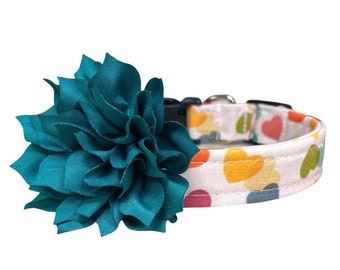 Valentine's Day Multi Color Heart Dog Collar with 3" Teal Dog Collar Flower