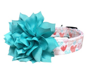 Valentine's Day Heart Dog Collar with Turquoise Dog Collar Flower Embellishment