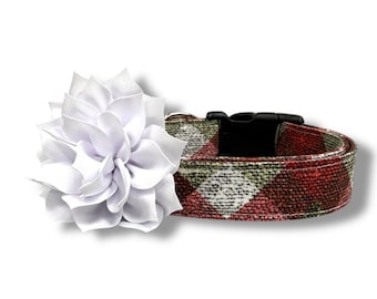 Textured Plaid Christmas Dog Collar | Red Green Holiday Dog Collar with Flower | Rustic Winter Collar | Christmas Plaid Dog Collar