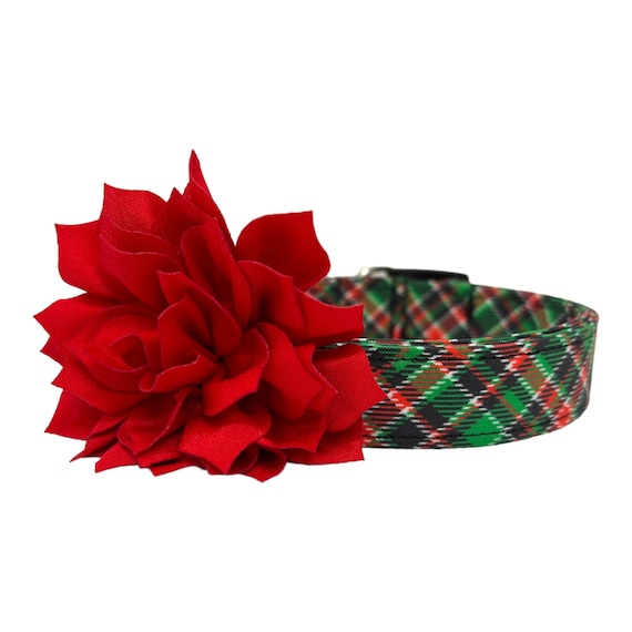 Christmas Tartan Plaid with Red Dog Collar Flower